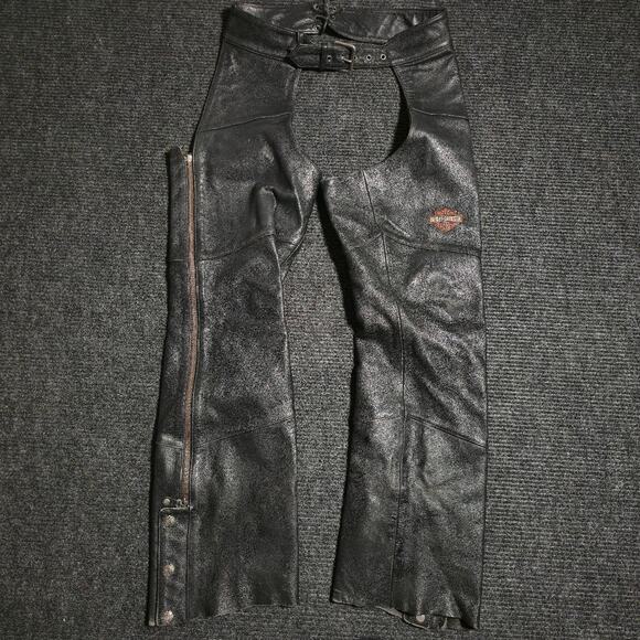 Unisex Black Worn Harley Davidson 100% leather chaps. Size M - Picture 1 of 5
